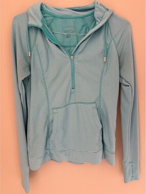 M stretchy hoodie, Tangerine, half zip, turquoise w/ stripes
